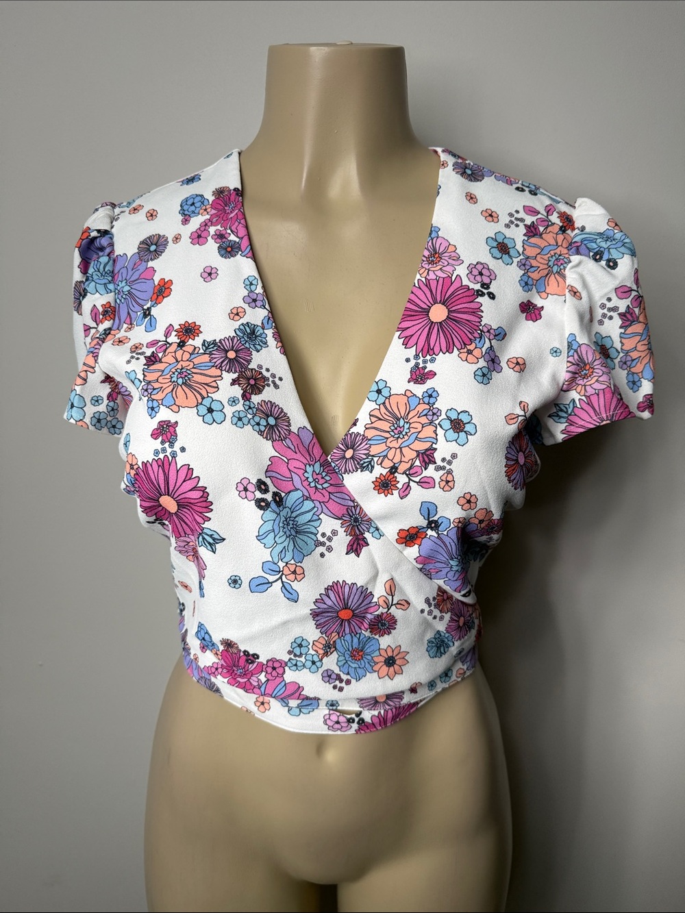 Sugar Thrillz White Floral Wrap Crop Top with Pink, Blue & Peach Blooms